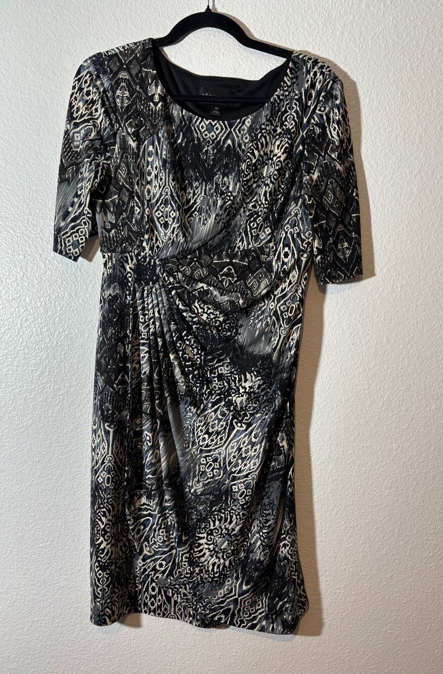 Connected Apparel Size 10 Petite Black Abstract Geo Pattern Ruched Midi Dress